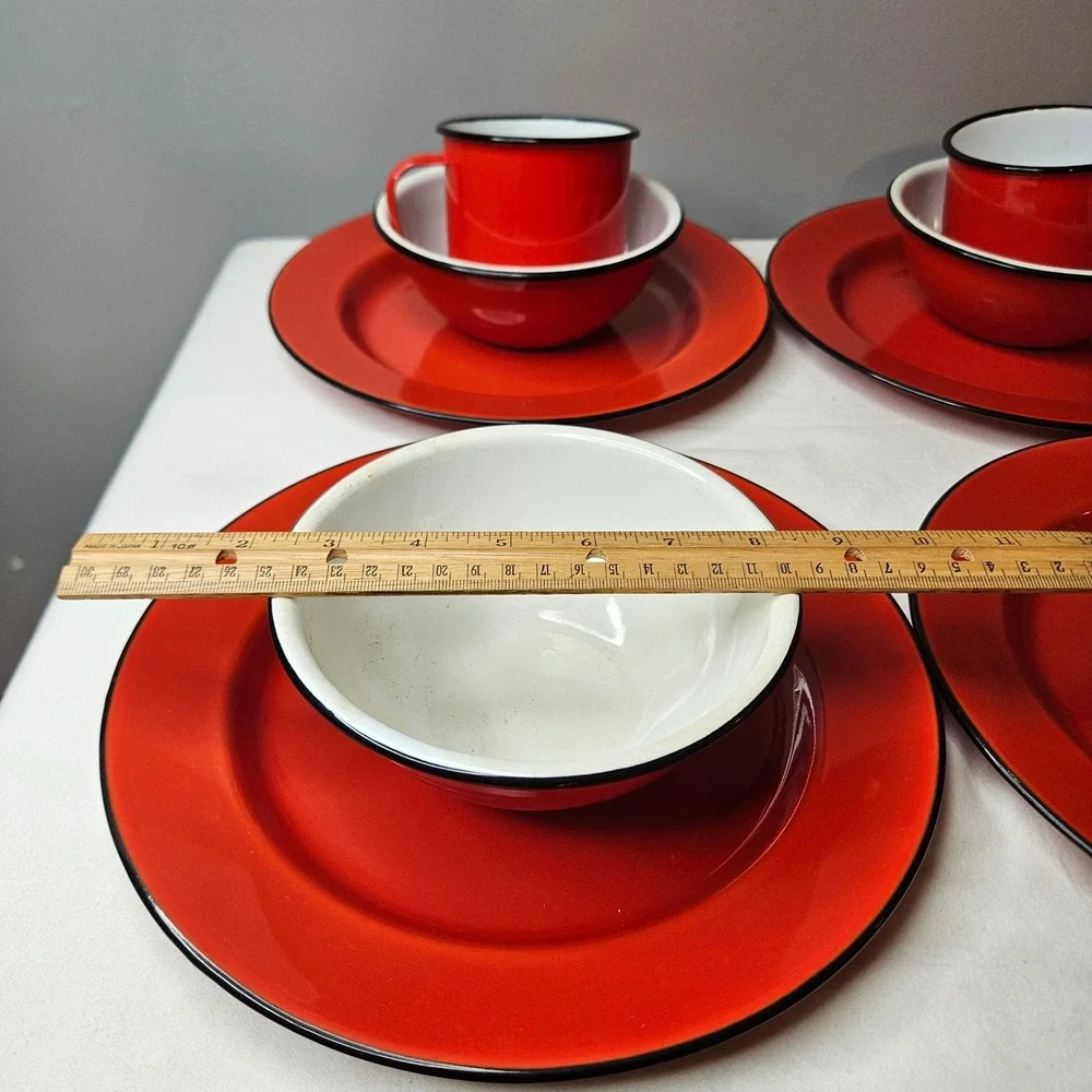 Vtg Red Enamelware 10 Piece Dinnerware Set Camping Plates Bowls Mugs Black Trim